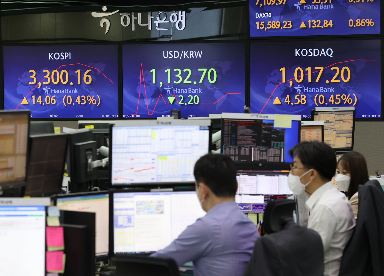 코스피가 사상 처음 3300선을 돌파한 25일 오전 서울 중구 하나은행 본점 딜링룸에서 직원들이 업무를 보고 있다. 이날 코스피 지수는 3.08포인트(0.09%) 오른 3289.18에 출발했다. [연합]