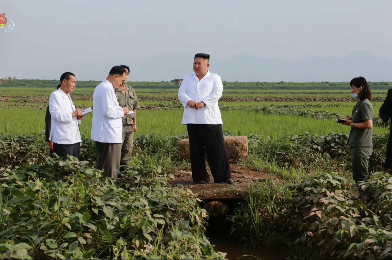 North Korean leader Kim Jong-un made a visit to a typhoon-hit site in August, 2020. (KCTV-Yonhap)