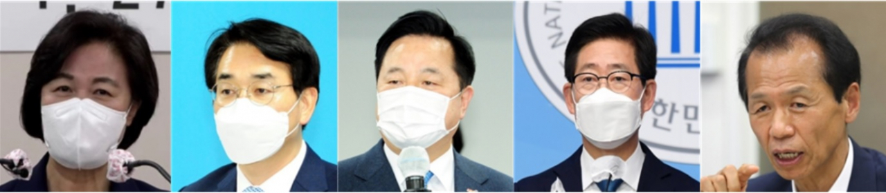 왼쪽부터 추미애 전 법무부장관, 박용진 의원, 김두관 의원, 양승조 충남지사, 최문순 강원지사[연합]