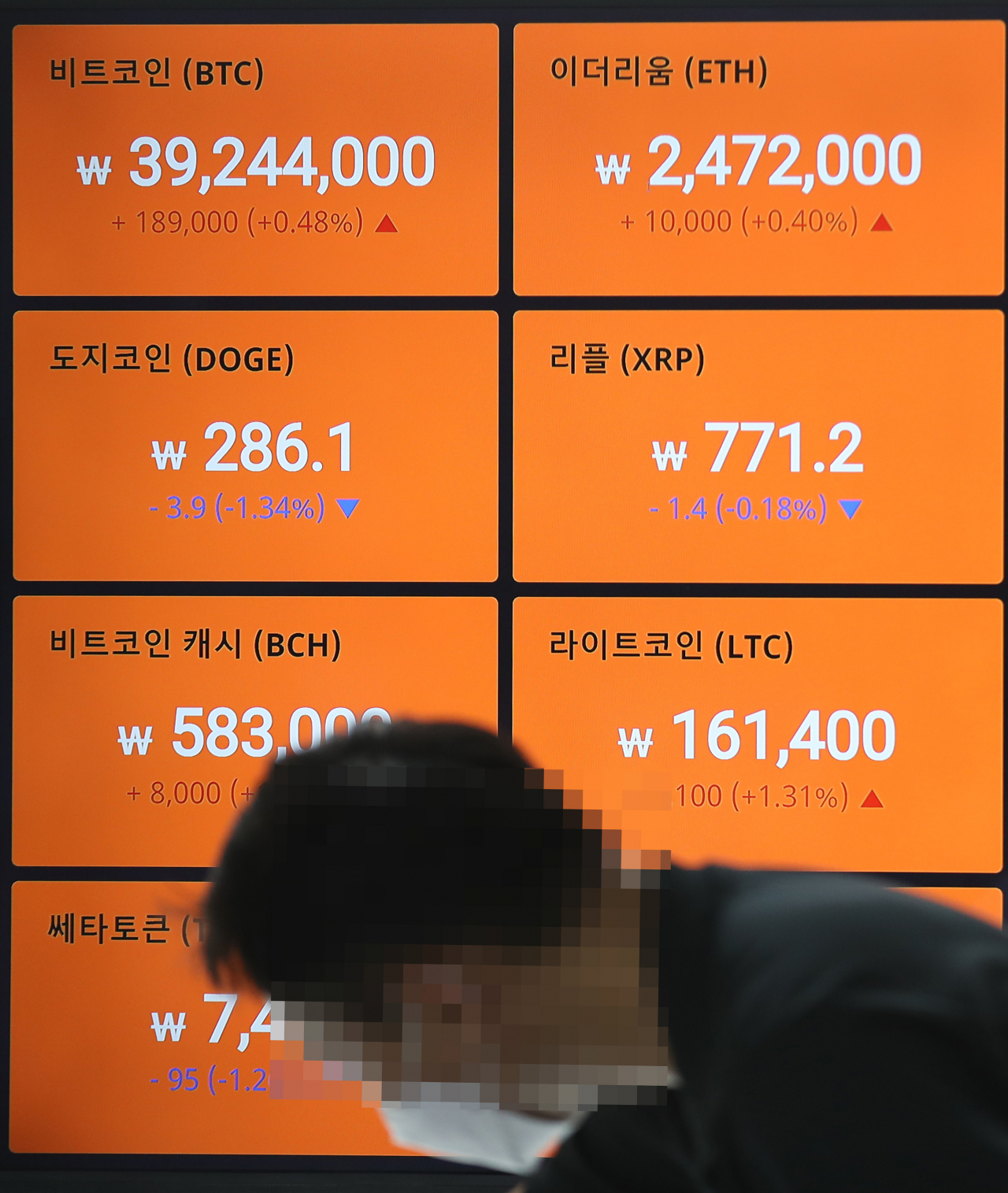 [사진=2일 오전 서울 강남구 빗썸 강남센터 모니터에 비트코인 등의 시세가 표시되고 있다. 연합]