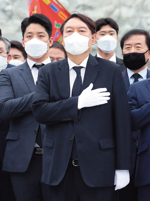 윤석열 전 검찰총장이 6일 오전 대전시 유성구 국립대전현충원을 방문해 참배한 뒤 국기에 경례하고 있다. [연합]
