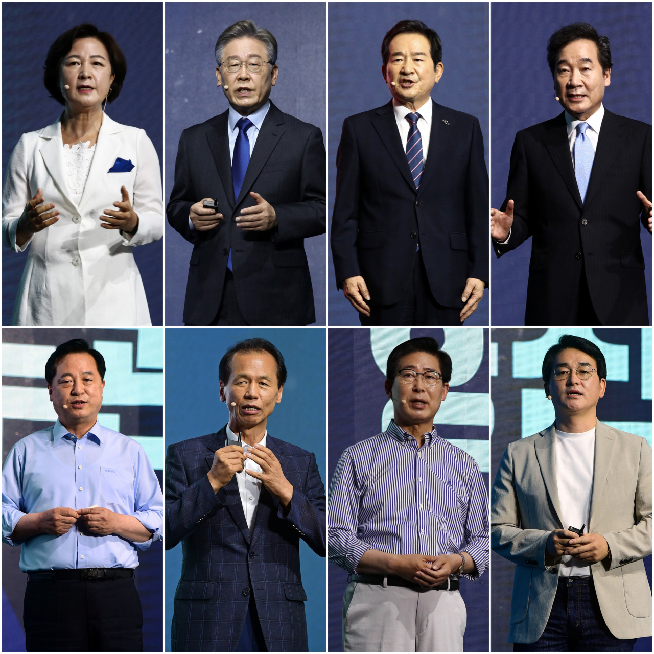 더불어민주당 대선 예비경선 후보들이 7일 경기도 파주시 연스튜디오에서 열린 ‘프레젠테이션(PT) 면접 ‘정책 언팩쇼’에서 정책 발표를 하고 있다. 윗줄 왼쪽부터 시계방향으로 추미애, 이재명, 정세균, 이낙연, 박용진, 양승조, 최문순, 김두관 후보. [연합]