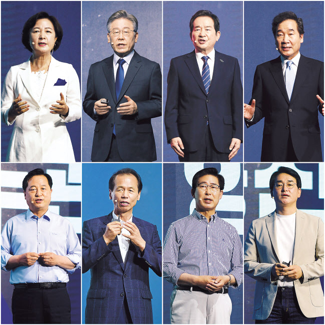 더불어민주당 대선 경선 후보들이 7일 경기도 파주시 연스튜디오에서 열린 ‘프레젠테이션(PT) 면접 ‘정책 언팩쇼’에서 정책 발표를 하고 있다. 맨위 왼쪽부터 시계방향으로 추미애, 이재명, 정세균, 이낙연, 박용진, 양승조, 최문순, 김두관 예비후보. [연합]