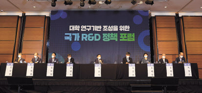 패널토의에 나선 정부, 대학, 학술단체 전문가들이 대학 연구지원 정책 방향에 대해 논의하고 있다. [한국연구재단 제공]