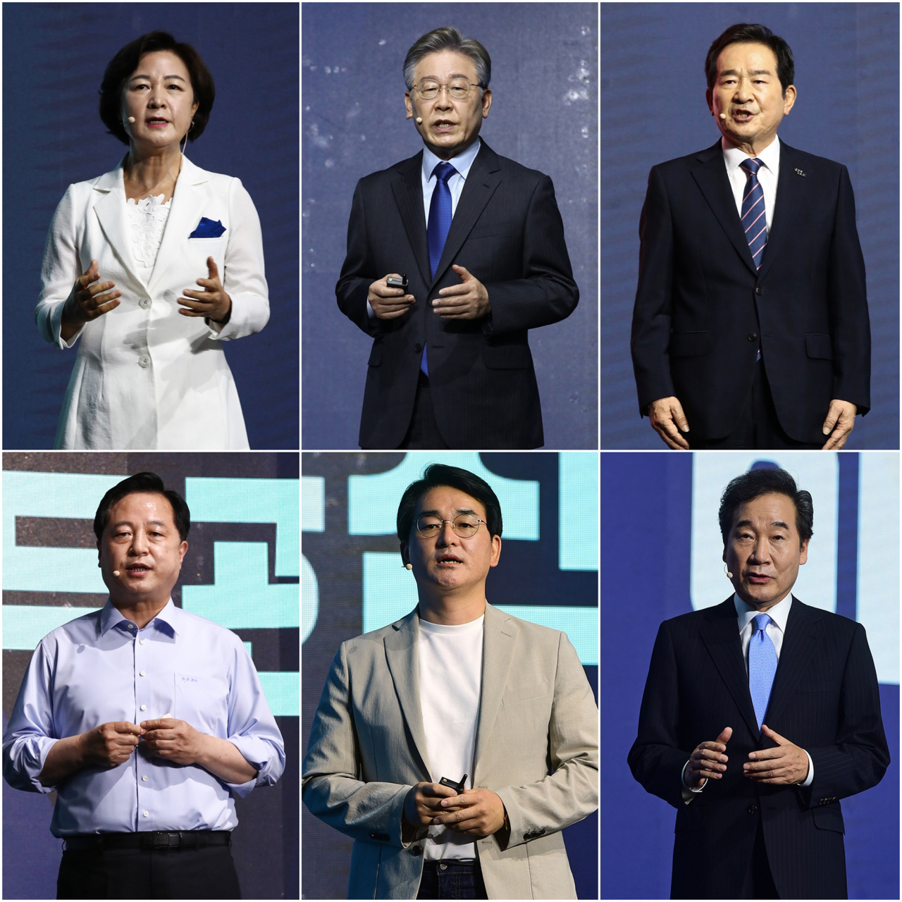 11일 오후 더불어민주당 제20대 대통령선거 예비경선 개표식에서 경선 후보로 선출된 추미애(상단 왼쪽부터 시계방향.기호순), 이재명, 정세균, 이낙연, 박용진, 김두관 후보. 지난 7일 경기도 파주시 연스튜디오에서 열린 '프레젠테이션 면접 '정책 언팩쇼'에서 후보들이 정책 발표를 하고 있다. [연합]