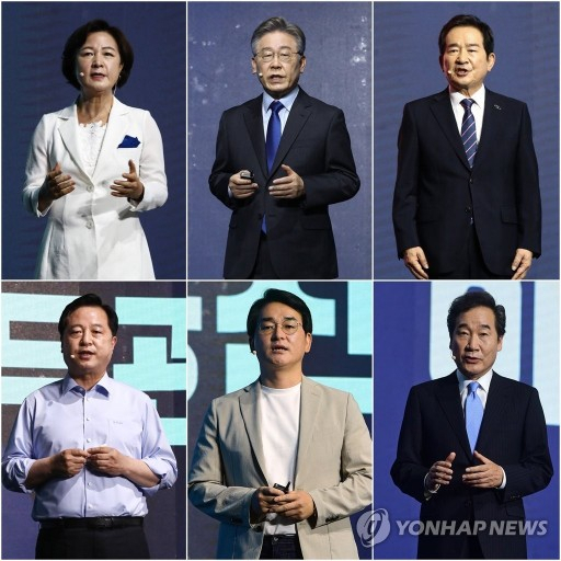 11일 오후 더불어민주당 제20대 대통령선거 예비경선 개표식에서 경선 후보로 선출된 추미애(상단 왼쪽부터 시계방향.기호순), 이재명, 정세균, 이낙연, 박용진, 김두관 후보. 지난 7일 경기도 파주시 연스튜디오에서 열린 '프레젠테이션 면접 '정책 언팩쇼'에서 후보들이 정책 발표를 하고 있다. [연합]