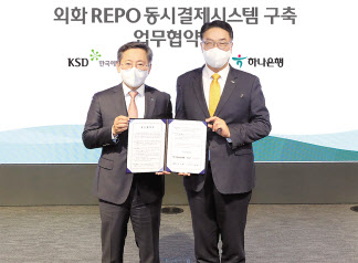박성호 하나은행장(왼쪽)이 이명호 한국예탁결제원 사장과 ‘외화 레포 동시결제 시스템’ 구축을 위한 업무협약을 체결하고 기념촬영을 하고 있다. [하나은행]