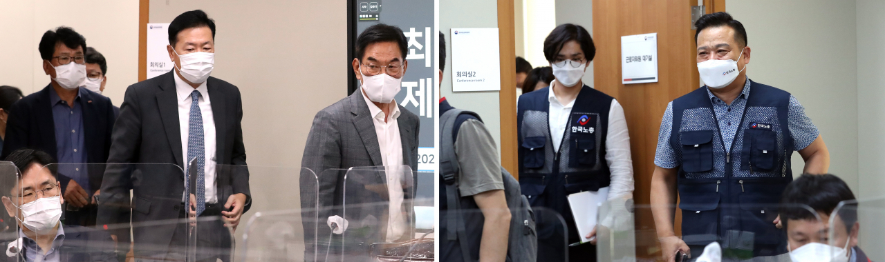12일 오후 세종시 정부세종청사 최저임금위원회 회의실에서 열린 9차 전원회의에 사용자위원(사진 왼쪽)들과 근로자위원들이 회의 시작 시간에 맞춰 자리로 향하고 있다. [연합]