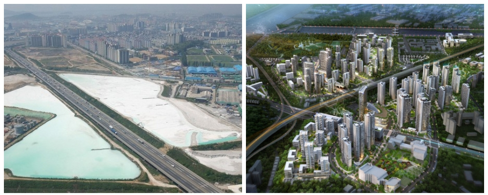 폐석회를 처리하기 전 폐석회 침전지 모습〈사진 왼쪽 = 한국학중앙연구원 사진제공〉과 폐석회 매립 부지가 인천 용현학익지구 도시개발사업으로 조성되는 조감도〈사진 오른쪽〉