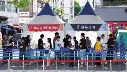 국내 신종 코로나바이러스 감염증(코로나19) ‘4차 대유행’의 확산세가 점점 거세지면서 신규 확진자 수가 결국 1600명 선도 넘어선 14일 서울 도봉구 창동역 임시 선별검사소에서 시민들이 검사를 기다리고 있다. [연합]