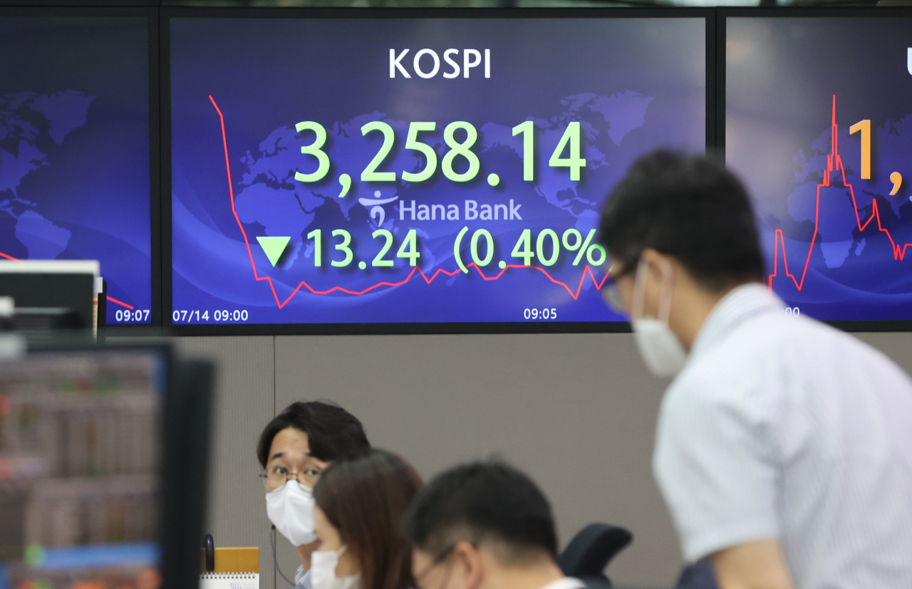14일 서울 명동 하나은행에서 직원들이 업무를 보고 있다. 이날 오전 9시 5분 현재 코스피는 전날보다 14.42포인트(0.44%) 내린 3256.96이다. 지수는 1.29포인트(0.04%) 내린 3270.09에 출발해 하락 폭이 커졌다. 연합뉴스