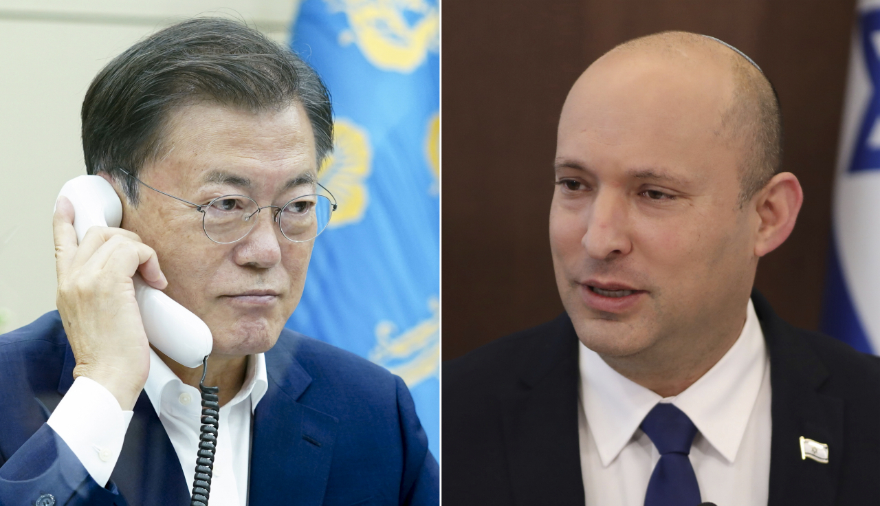 문재인 대통령이 16일 오후 청와대에서 나프탈리 베네트 이스라엘 총리와 전화 통화를 하고 있다. 연합뉴스