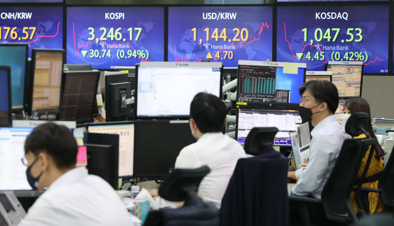 코스피가 19일 하락세로 출발했다. 지수는 전장보다 18.04포인트(0.55%) 내린 3258.87에서 출발해 약세를 보이고 있다. 코스닥지수는 전장보다 2.47포인트(0.23%) 내린 1049.51에 개장했다. 사진은 이날 명동 하나은행 본점 딜링룸 모습. [연합]