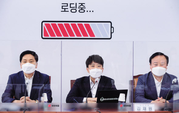 이준석 국민의힘 대표가 19일 오전 국회에서 열린 최고위원회의에서 발언하고 있다. 배경(백드롭)에 ‘로딩중’이라는 문구와 충전 중인 배터리 그림이 눈에 띈다. 이에 대해 이 대표는 “지난 주 최재형 전 감사원장의 입당을 시작으로 한분 한분 사람이 모이고 있는 것을 로딩중이라고 표현한 것”이라고 했다. [이상섭 기자]