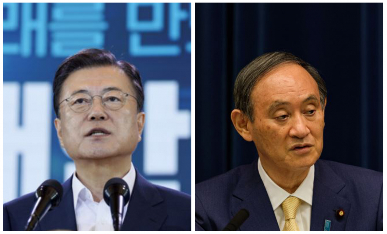 문재인(왼쪽) 대통령과 스가 요시히데(菅義偉) 일본 총리. [연합, 로이터]