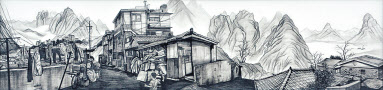 정연지, 십정동, 비단에 수묵, 흑연, 48.8&times;209.4cm, 2015