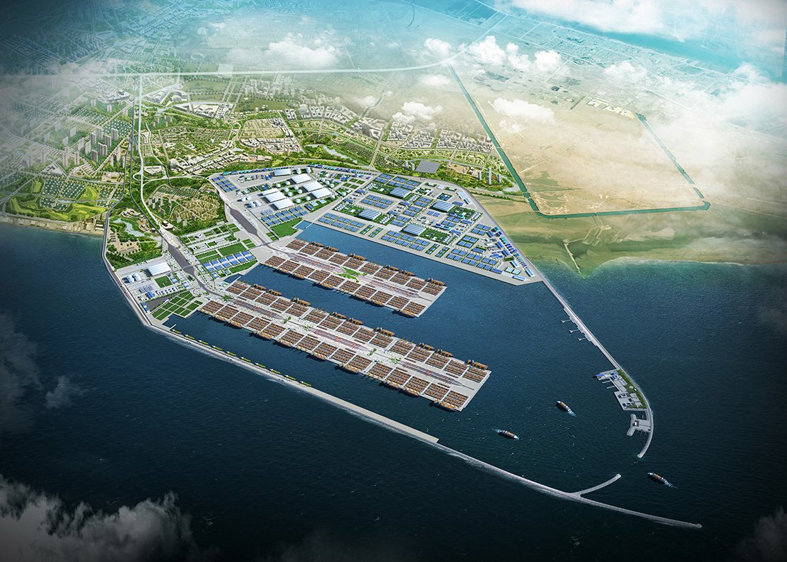 An aerial view of the Grand Port of Al Faw, Iraq, with the first phase of the project currently underway. (Daewoo E&C)