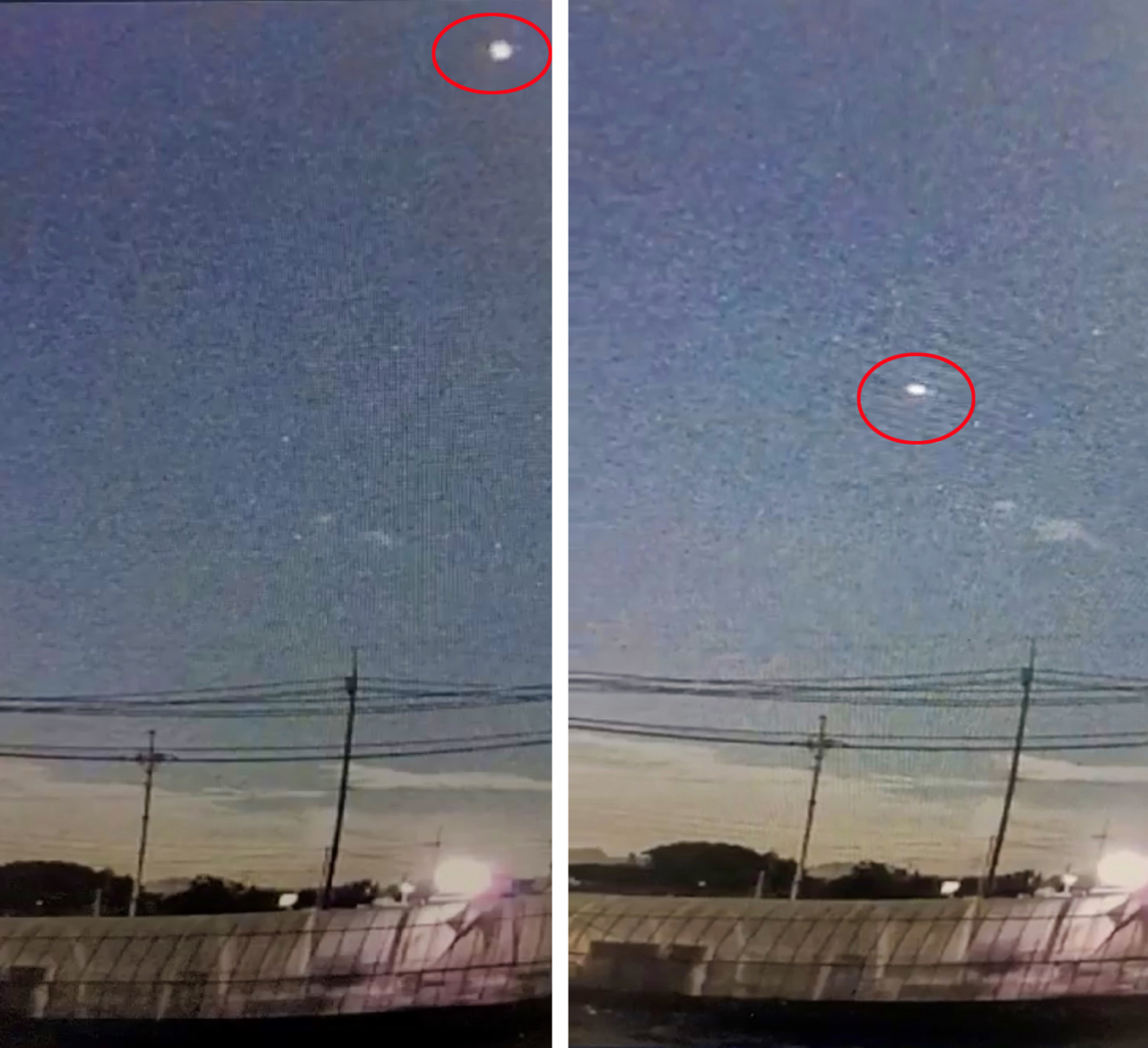 지난 20일 오후 9시30분께 전남 무안에서 UFO를 목격했다는 신고가 접수됐다. 원 안에 UFO로 추정되는 물체가 포착됐다, [연합]