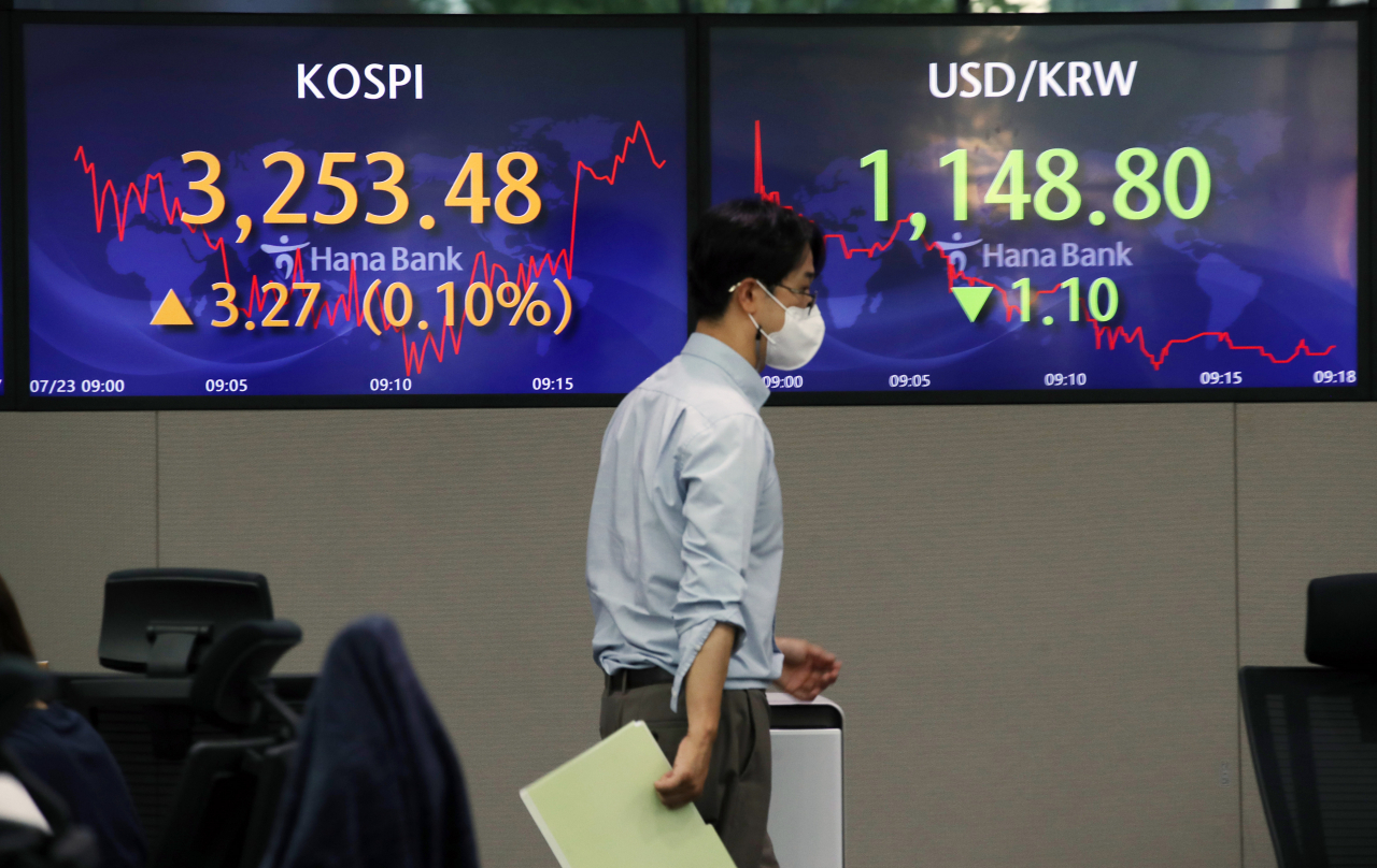 코스피가 소폭 상승세로 출발한 23일 오전 서울 중구 하나은행 딜링룸에서 직원들이 업무를 보고 있다. 연합뉴스