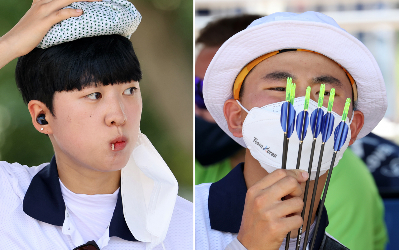 [사진=도쿄올림픽 개막일인 23일 일본 도쿄 유메노시마 공원 양궁장에서 열린 도쿄올림픽 남여 개인 예선 랭킹라운드(순위결정전)에서 각각 1위를 차지한 한국 양궁 여자 대표팀 안산(왼쪽)과 남자 대표팀 김제덕. 연합]