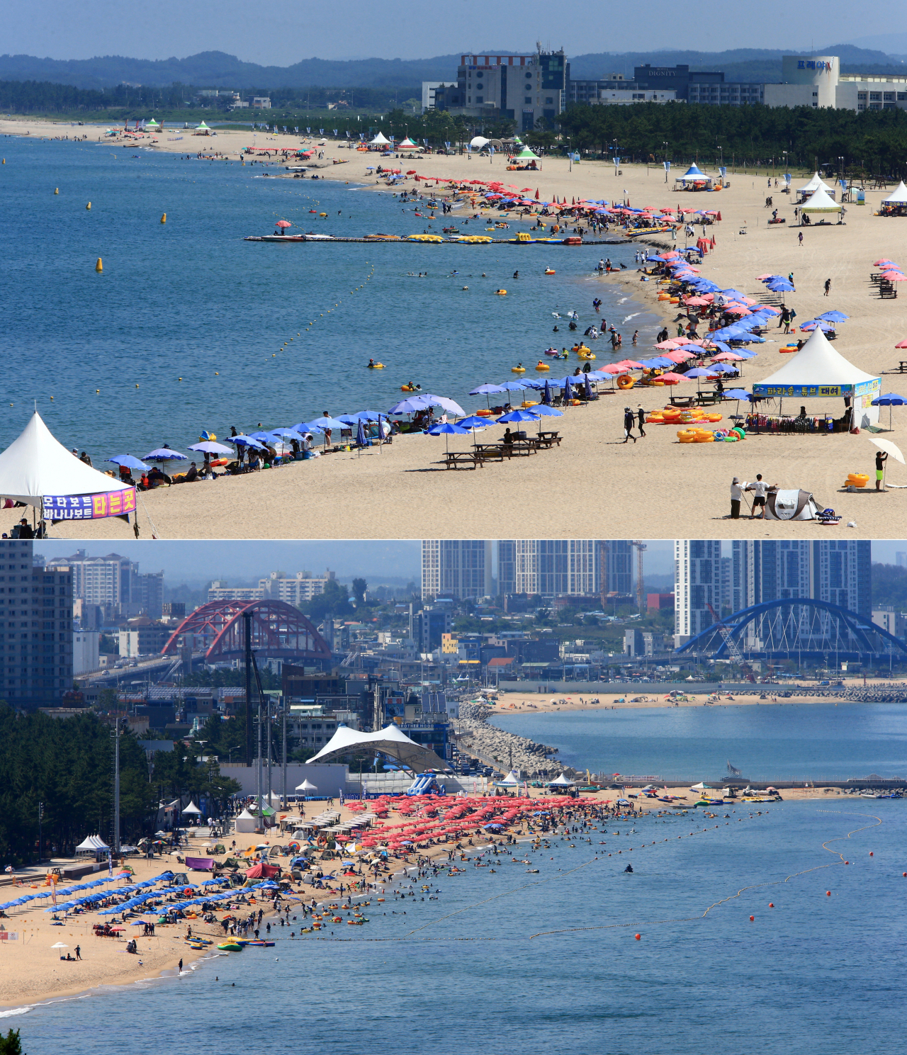 본격적인 피서가 시작된 25일 신종 코로나바이러스 감염증(코로나19) 사회적 거리두기 4단계가 시행 중인 양양군의 낙산해수욕장(위)은 한산한 모습을 보이는 반면 3단계가 시행 중인 속초시의 속초해수욕장(아래)은 다소 북적이는 모습을 보이고 있다. 연합뉴스
