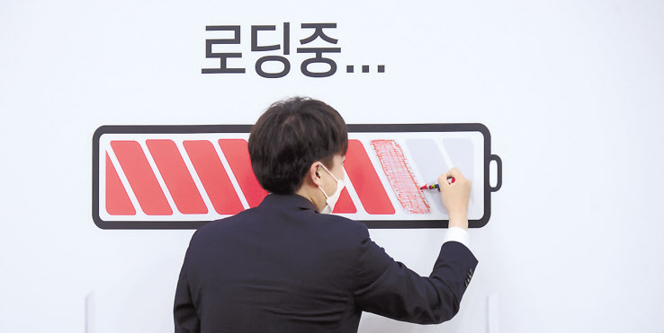 이준석 국민의힘 대표가 26일 오전 국회에서 열린 최고위원회의에서 배경판 배터리 충전 그림 중 비어있던 한 칸을 빨간색으로 칠하고 있다. 이 대표는 전날 윤석열 전 검찰총장과 ‘치맥회동’을 한 뒤 “대동소이”라는 말로 양자간 대화 결과를 표현했다. 이상섭 기자