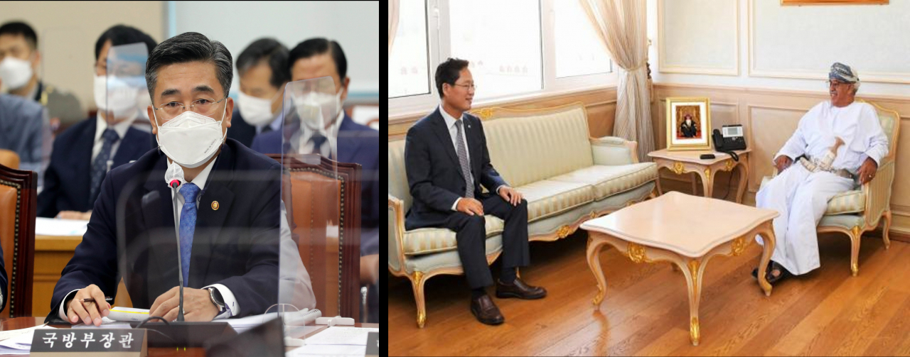 서욱 국방장관(왼쪽 사진)은 26일 국회 국방위원회 전체회의에서 "백신을 현지로 보내는 문제를 놓고 오만 정부에 협조를 구했는데 잘 안됐다"고 말했다. 그러나 국방부의 '협조 요청'은 현지 국방무관이 유선으로 2차례 협조를 요청하는 선에서 끝났다. 지난 3월 30일(현지시간) 김창규 주오만대사(오른쪽 사진)는 아흐메드 빈 모하마드 알 사이디 오만 보건장관으로부터 백신 지원을 요청받았다. [사진=연합·오만 옵저버]