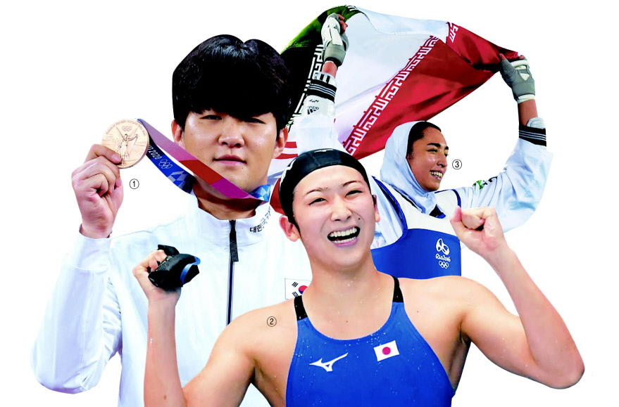 ① 한국 태권도 인교돈이 27일 일본 마쿠하리 메세홀에서 열린 도쿄올림픽 남자 80㎏ 초과급 시상식에서 동메달을 들어 보이고 있다. [연합]② 이케에 리카코는 백혈병을 이겨내고 2020 도쿄 올림픽 출전권을 따냈다.③ 이란대표였던 알리자데는 지난해 독일로 망명해 난민 지위를 인정받았다.[도쿄 올림픽위원회]