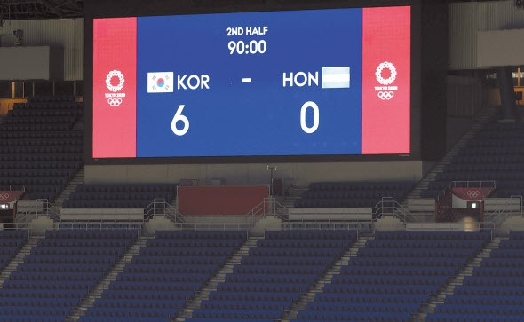 경기가 끝난 뒤 전광판에 6-0 스코어가 표시되어 있다. [연합]