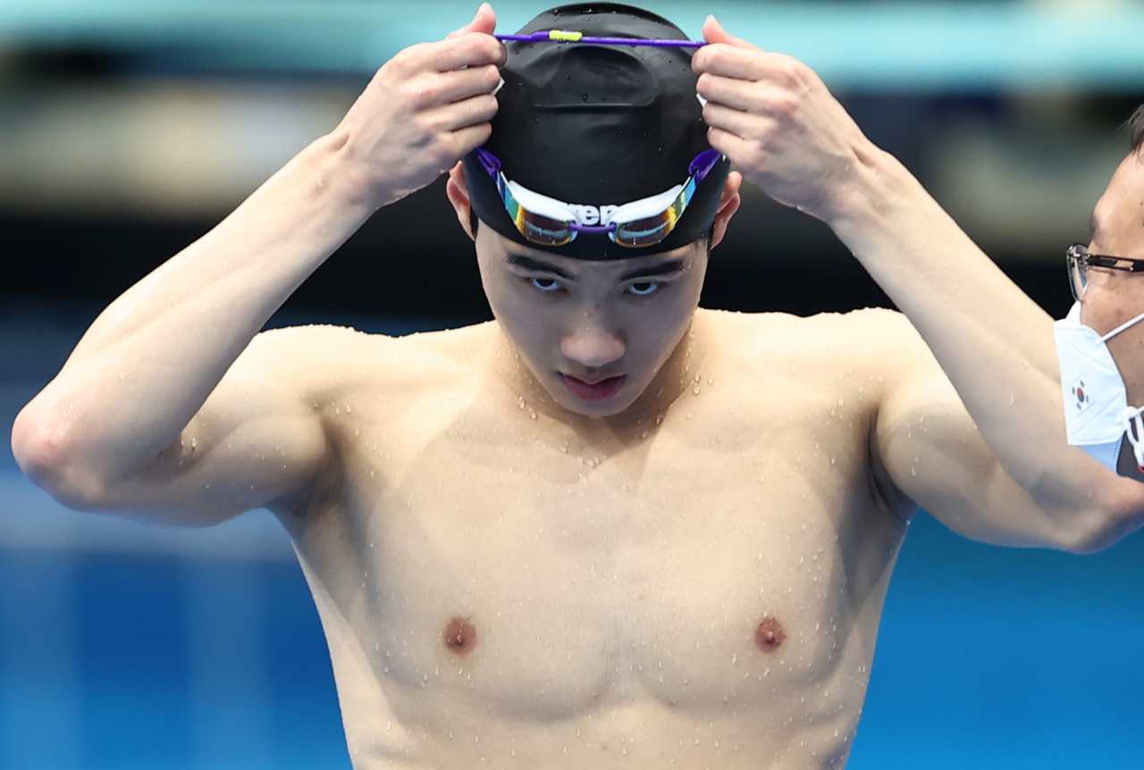 29일 오전 일본 도쿄 아쿠아틱스센터에서 열린 도쿄올림픽 남자 100m 자유형 결승전을 앞둔 대한민국 황선우가 훈련을 준비하고 있다. [연합]