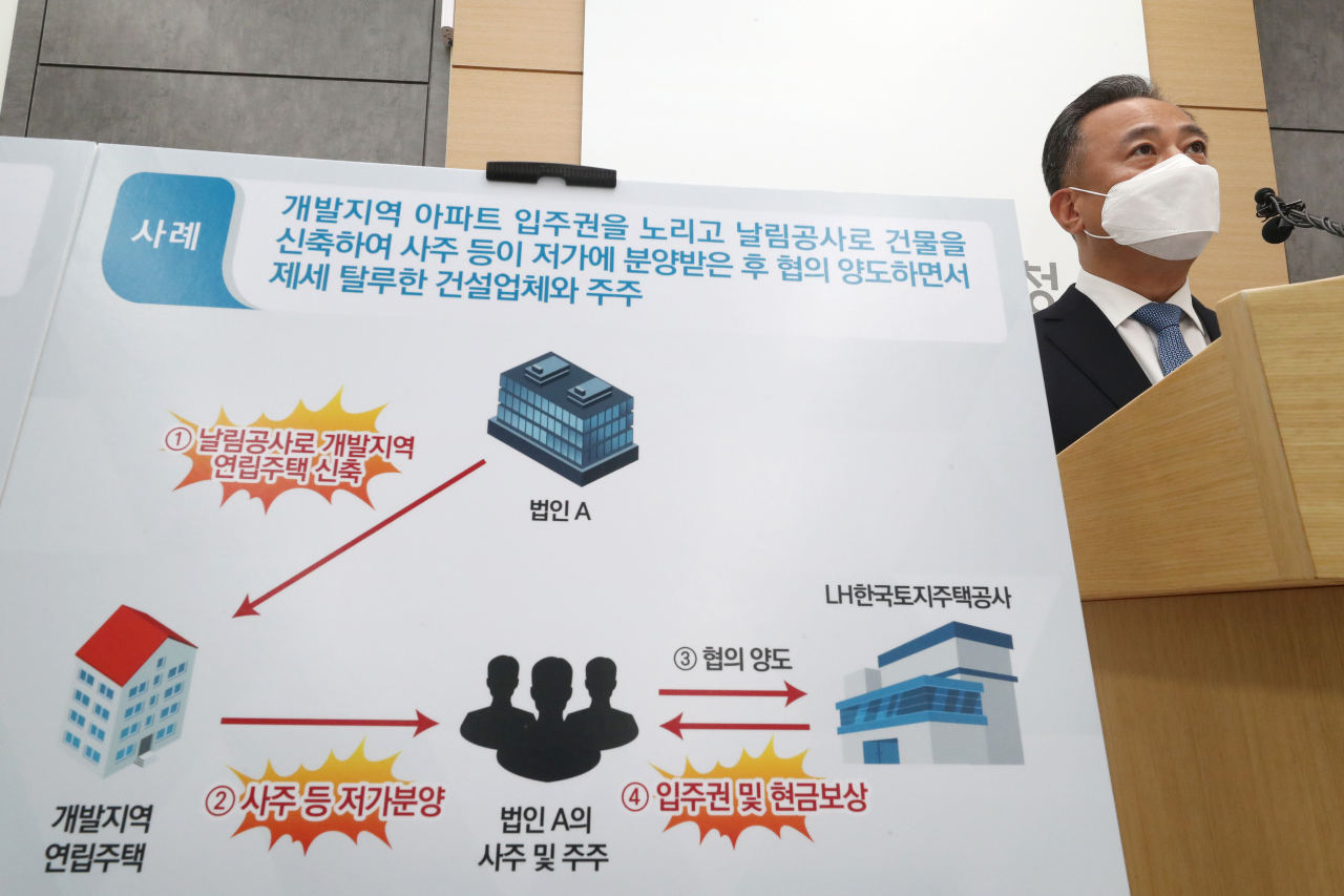 박재형 국세청 자산과세국장이 29일 오전 정부세종2청사에서 '개발지역 부동산 탈세 특별조사단, 3차 세무조사 착수'와 관련해 브리핑하고 있다. [연합]