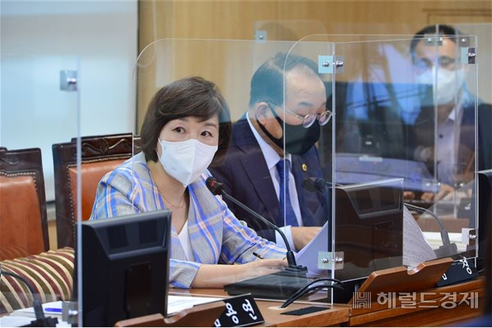 27일 김현아 SH공사 사장 후보자에 대한 인사청문회에서 김경 시의원이 질문하고 있다. [김 경 의원실 제공]