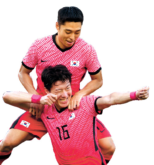 온두라스전에서 맹활약한 황의조(아래)와 이동준이 31일 멕시코와의 8강전에서도 좋은 활약을 펼칠지 관심을 모은다. [연합]