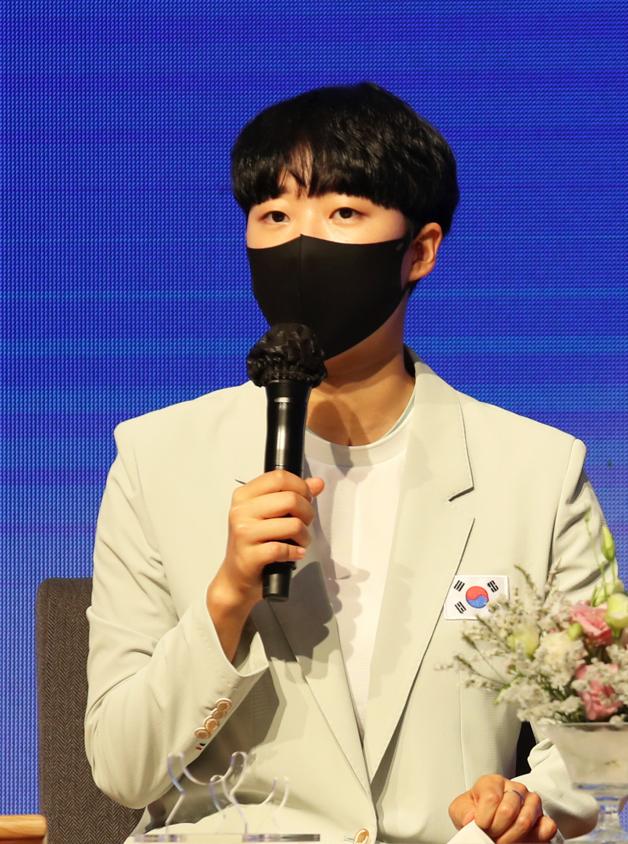 도쿄올림픽 3관왕 안산이 4일 오전 모교인 광주여대 국제회의장에서 기자간담회를 하고 있다. 연합뉴스
