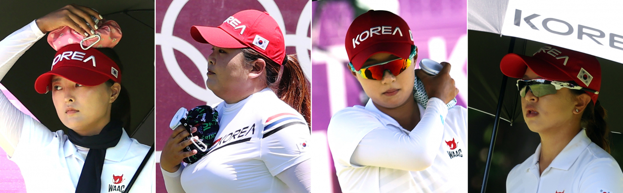 5일 일본 가스미가세키 컨트리클럽에서 열린 도쿄올림픽 여자골프 2라운드서 한국 선수들이 얼음주머니를 이용해 더위를 식히거나 이동할 때 양산을 이용해 햇볕을 차단하고 있다. 왼쪽부터 고진영, 박인비, 김효주, 김세영. [연합]