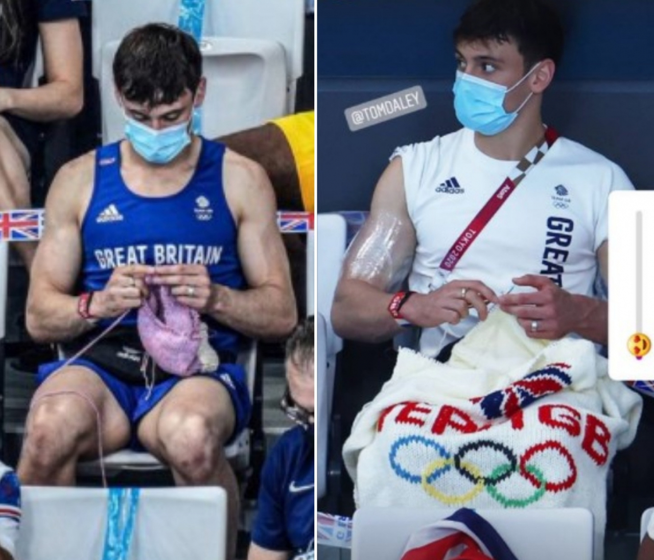 영국의 토마스 데일리 선수가 관중석에 앉아 눈으로는 경기를 보면서 손으로는 뜨개질을 하고 있다. [데일리 인스타그램]