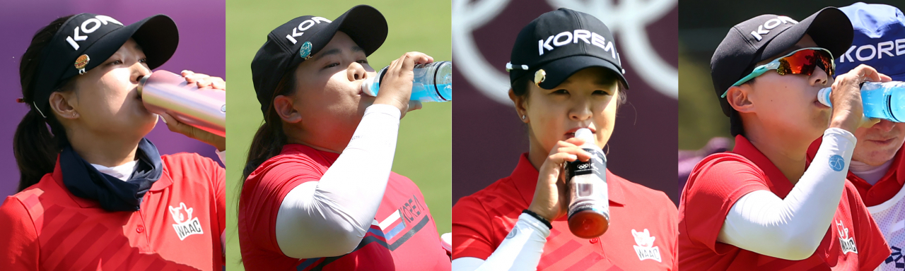 '오늘도 덥네.' 한국 여자골프 국가대표 선수들이 6일 도쿄올림픽 여자골프 3라운드에서 음료를 마시며 더위를 식히고 있다. 왼쪽부터 고진영, 박인비, 김세영, 김효주. 연합뉴스