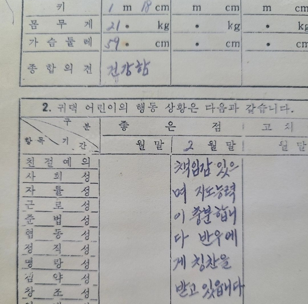유년 시절 최재형 전 감사원장에 대한 평가가 담긴 당시 생활기록부. [최 전 원장 측 제공]
