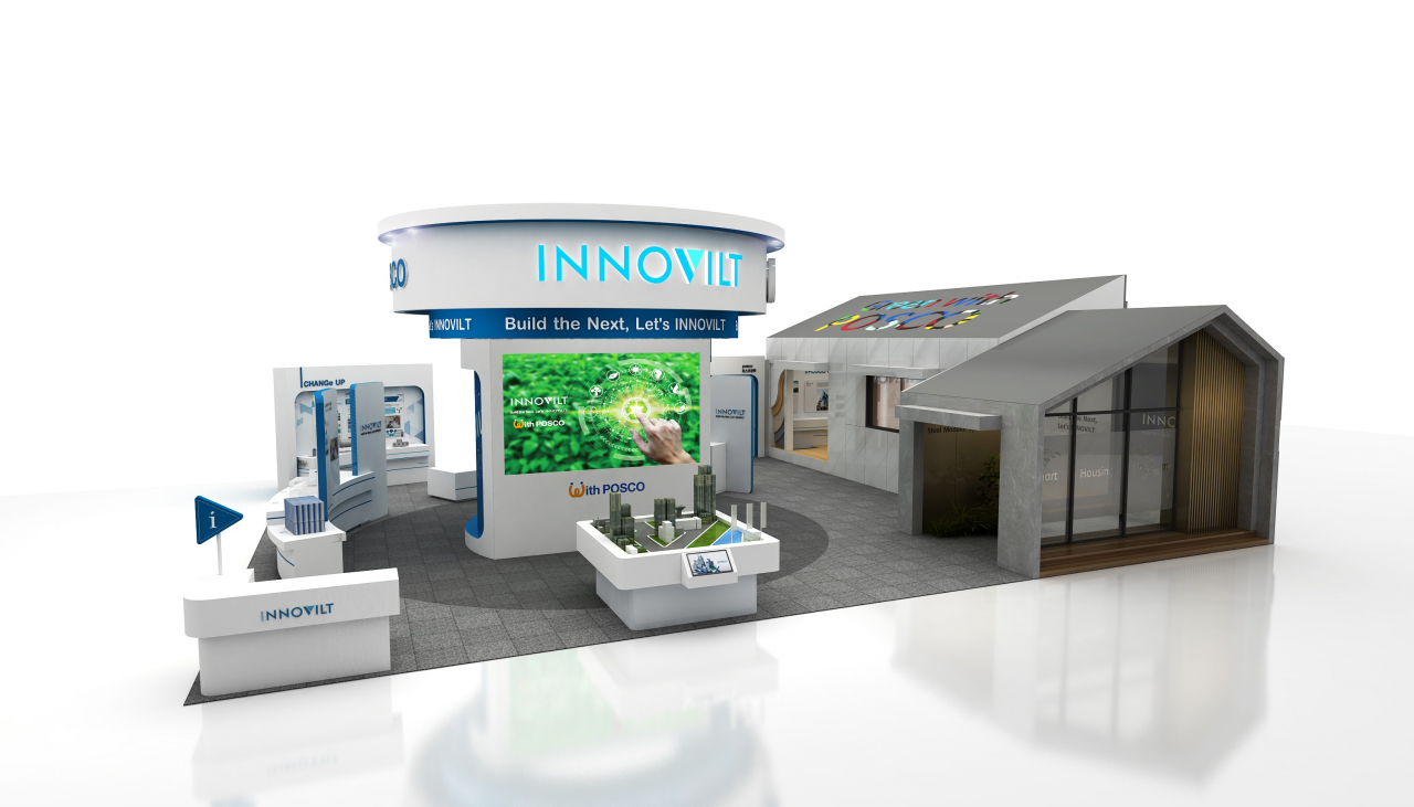 2021 코리아빌드 포스코 이노빌트(INNOVILT)관. 포스코건설, 포스코강판, 포스코SPS, 포스코인터내셔널, 포스코A&C 총 5개 그룹사가 참여했다. '친환경 철강제품으로 만드는 깨끗하고 안전한 건설'을 주제로 한 6개 존으로 구성했다. [포스코그룹 제공]