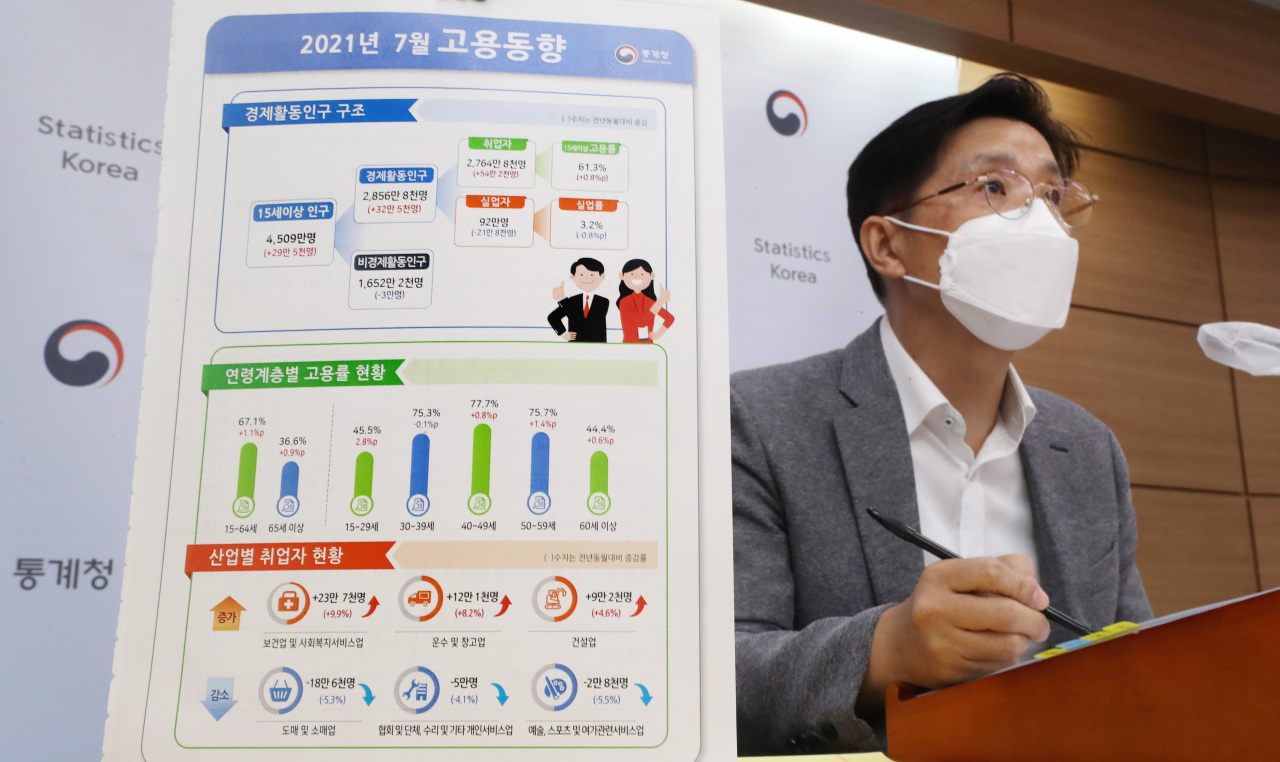 Jeong Dong-myeong, a senior official at Statistics Korea, briefs reporters on the nation’s job market at the main government complex in Sejong on Wednesday. (Yonhap)