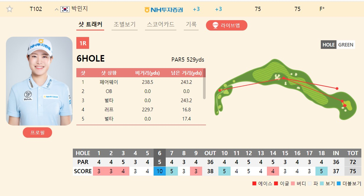 박민지가 퀸튜플보기를 기록한 6번홀 상황. [KLPGA 홈페이지 캡처]
