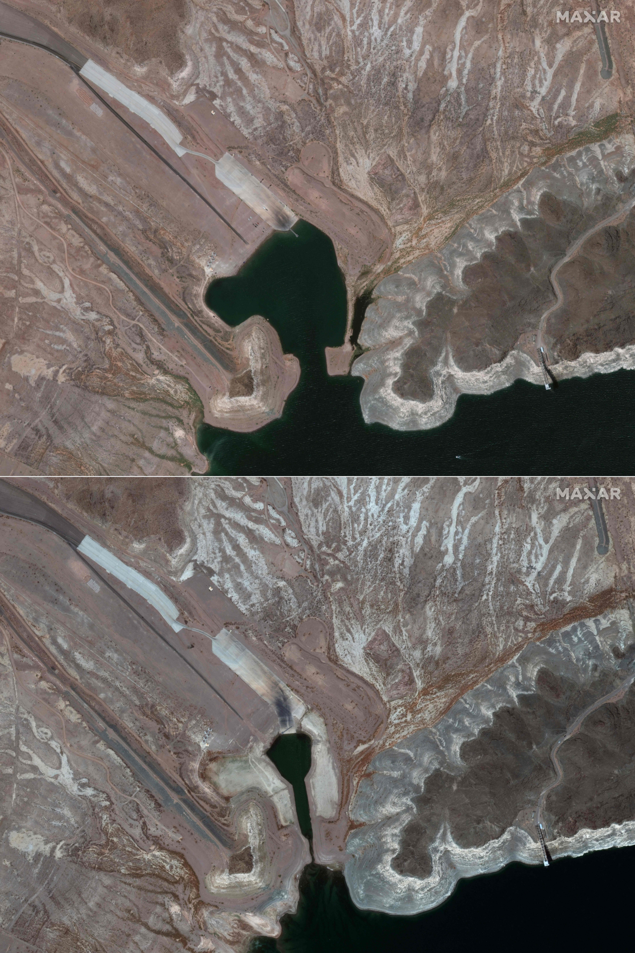 16일(현지시간·아래 사진) 미국 최대 저수지인 콜로라도강 미드호(Lake Mead)의 모습을 담은 위성 사진의 모습. 지난해 5월 18일(위쪽 사진)에 비해 수위가 현저히 낮다. [AFP]