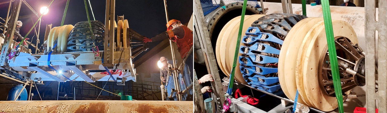 SK에너지 울산공장에서 해저배관 검사를 위해 제2부이 해저배관에 ‘인텔리전트 피그’를 하역(왼쪽) 및 투입(오른쪽) 하고 있다.[SK에너지 제공]