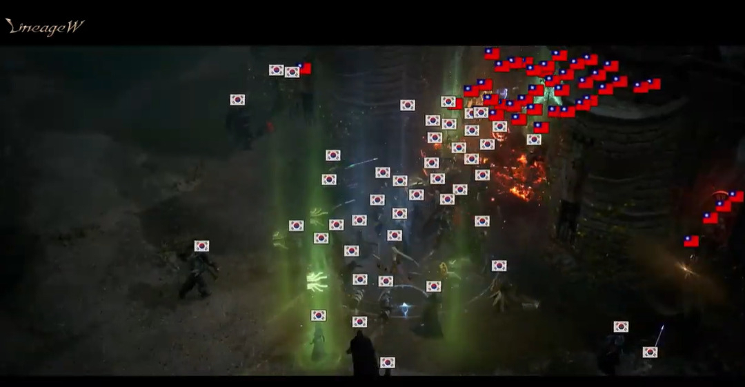 엔씨소프트의 멀티플랫폼 다중접속역할수행게임(MMORPG) ‘리니지W’ 연출 이미지. 한국과 대만 이용자들이 서로 국가 대항전을 펼치고 있다. [엔씨소프트 제공]