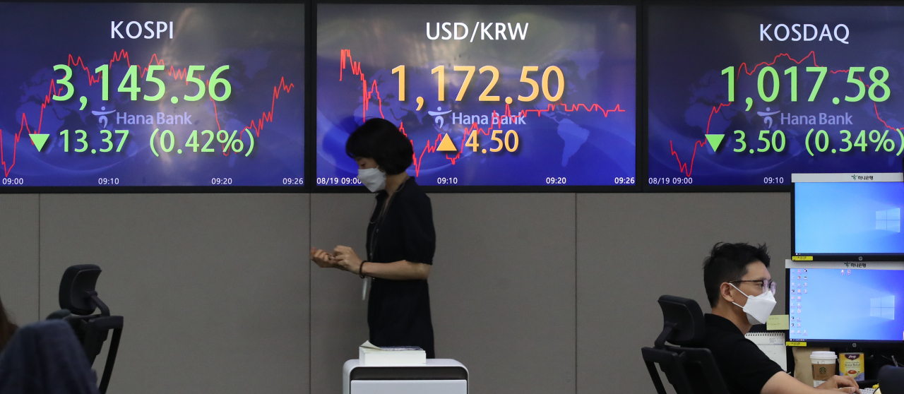 [사진=19일 오전 서울 중구 하나은행 본점 딜링룸 모니터에 코스피, 코스닥 지수와 원/달러 환율이 표시되고 있다.][연합]