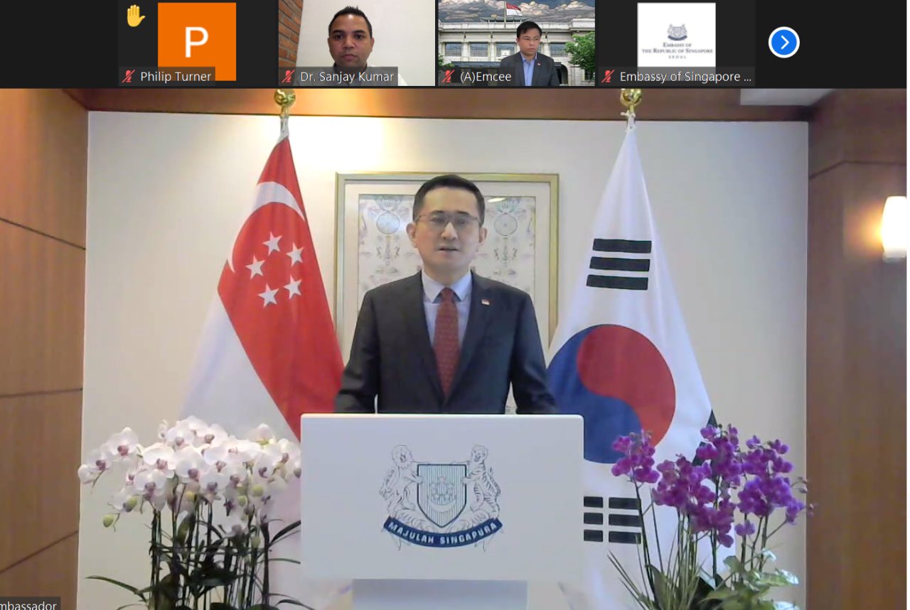 Singapore’s Ambassador to South Korea Eric Teo delivers welcoming remarks at the virtual National Day reception Wednesday via Zoom. (Screen capture)