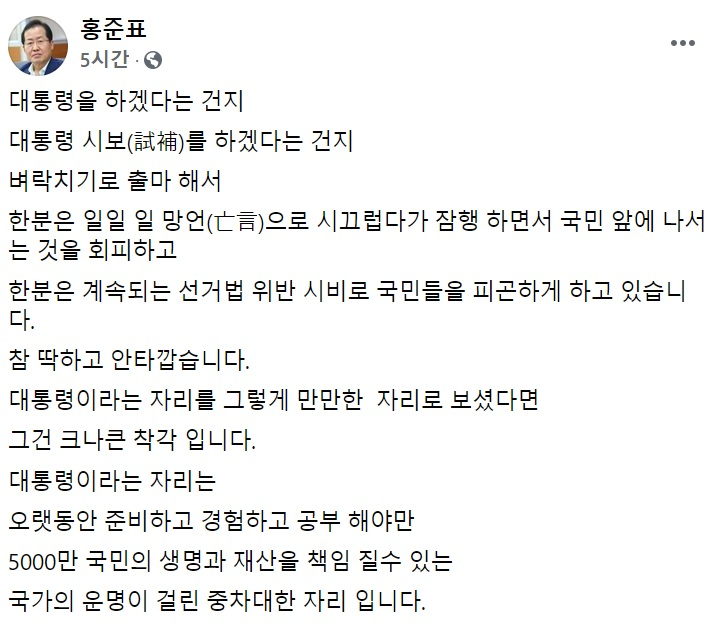 홍준표 국민의힘 의원 페이스북 일부 캡처.