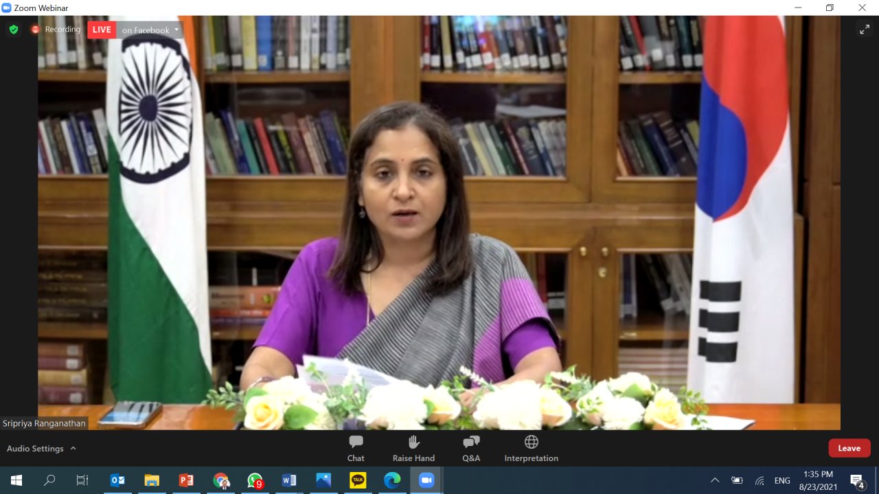 Indian Ambassador to Korea Sripriya Rangathan delivers remarks during two-day International Symposium entitled “Jammu & Kashmir and Ladakh: Developmental Dynamics and Future Trajectories” in Seoul on Monday via Zoom. (Screen capture)