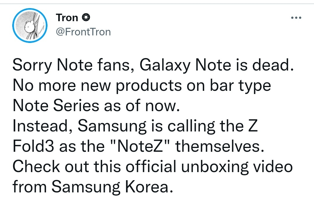 IT전문 트위터리안 프론트 트론 트위터. 그는 “노트 팬에게 미안하지만, 노트는 죽었다”고 언급, 노트 시리즈의 단종을 시사했다. [프론트 트론(@FrontTron) 트위터 캡처]
