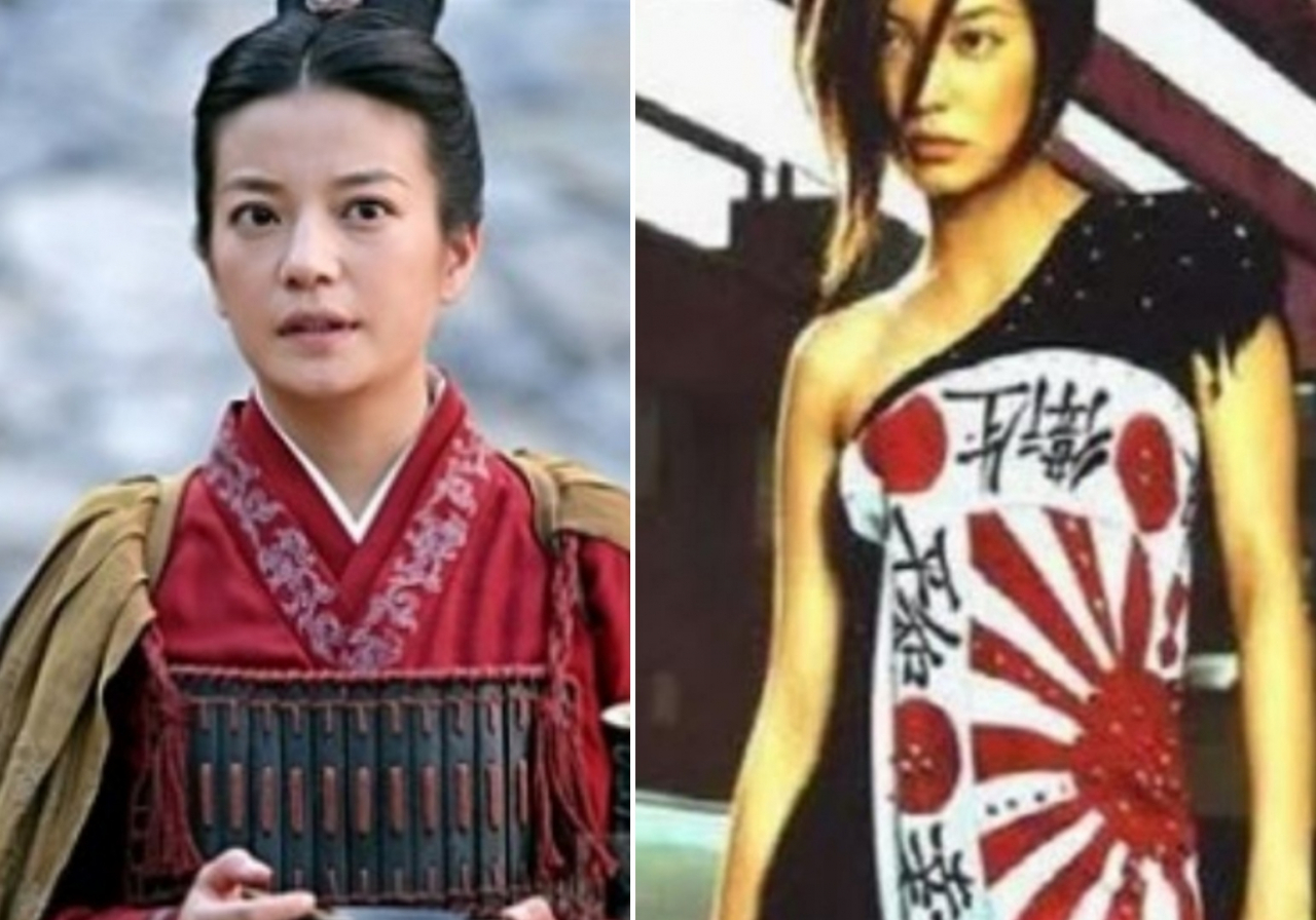 영화 '적벽대전' 스틸컷(왼쪽), 오른쪽은 자오웨이가 2001년 욱일기가 연상되는 복장을 한 모습. [바이두]